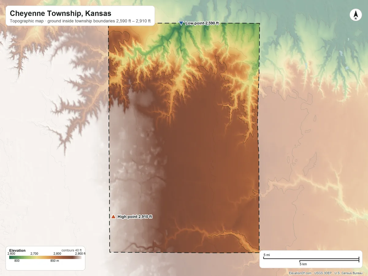 Topographic elevation map of Cheyenne Township, Kansas, shaded from 2,590 ft on the north side to 2,910 ft on the southwest side