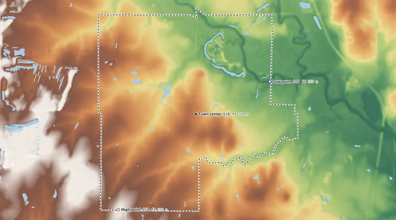 Topographic elevation map of Chicopee, Kansas, shaded from 880 ft on the northeast side to 950 ft on the southwest side