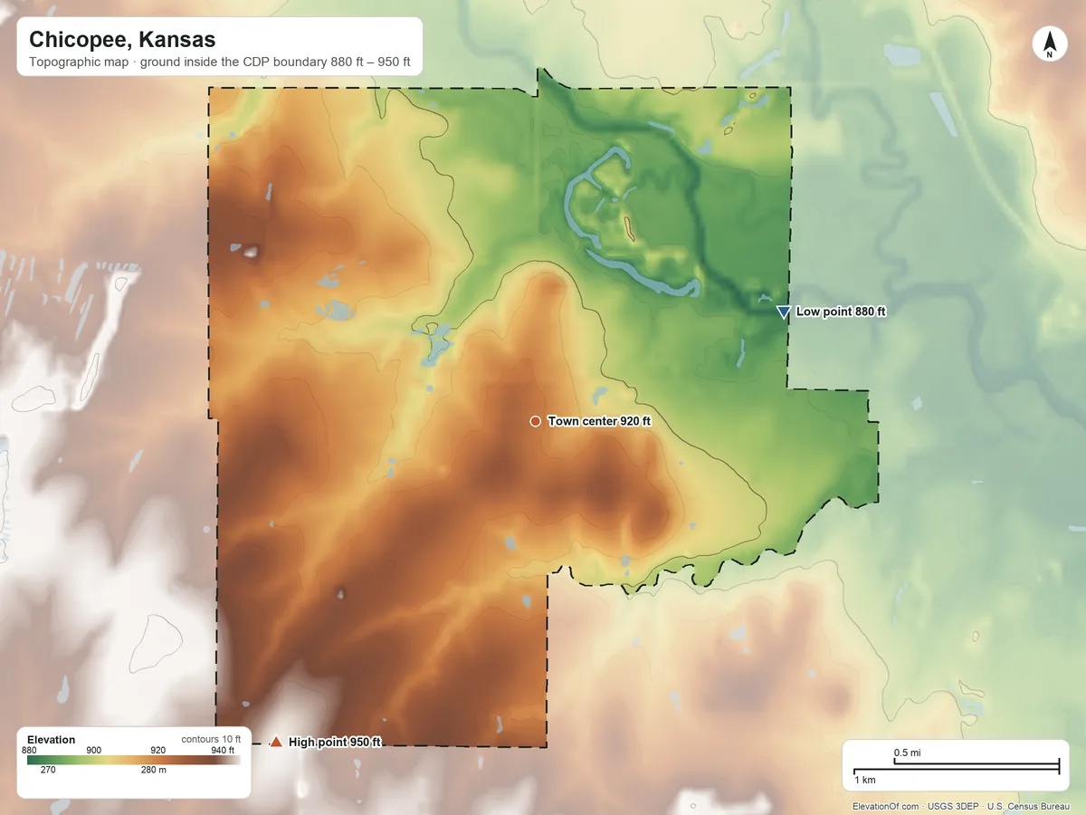 Topographic elevation map of Chicopee, Kansas, shaded from 880 ft on the northeast side to 950 ft on the southwest side
