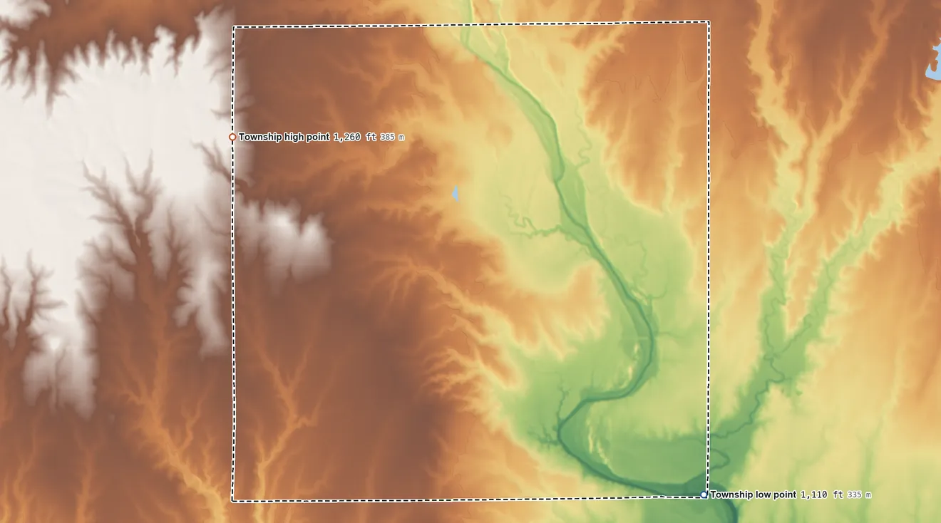 Topographic elevation map of Chikaskia Township, Sumner County, Kansas, shaded from 1,110 ft on the southeast side to 1,260 ft on the west side