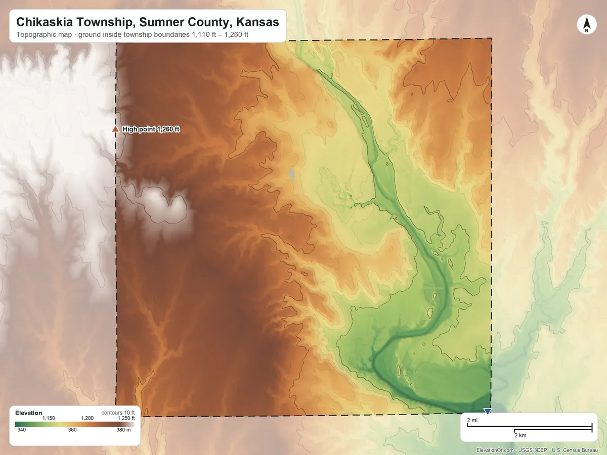 Topographic elevation map of Chikaskia Township, Sumner County, Kansas, shaded from 1,110 ft on the southeast side to 1,260 ft on the west side