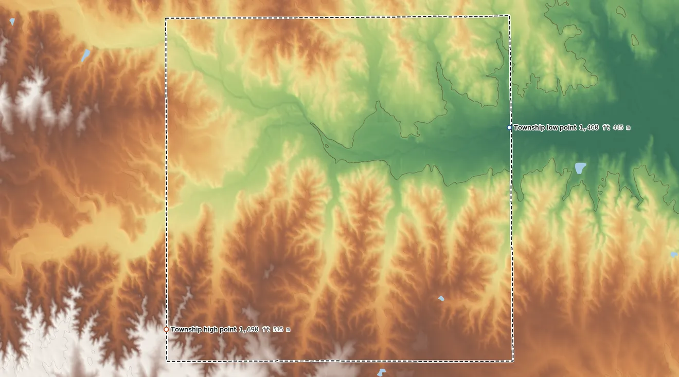 Topographic elevation map of Chikaskia Township, Kansas, shaded from 1,460 ft on the east side to 1,690 ft on the southwest side