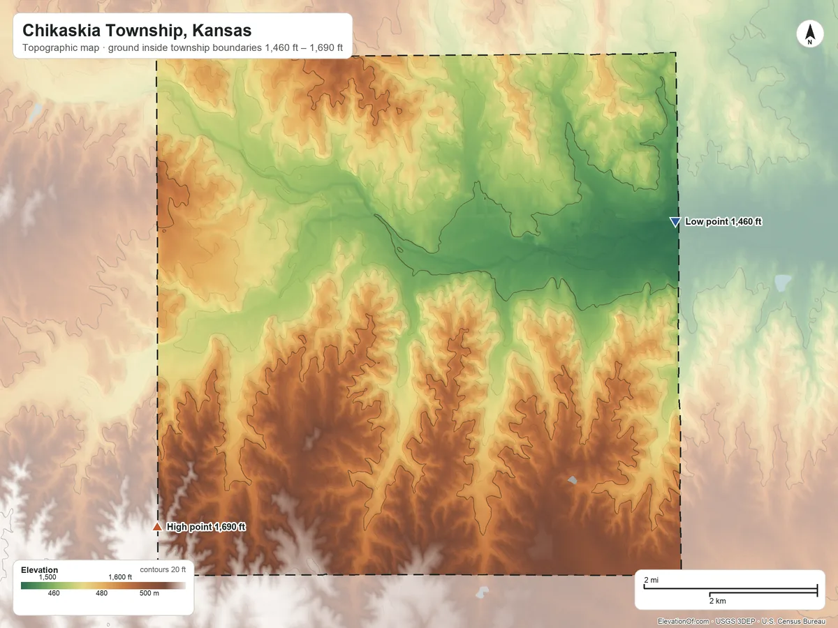 Topographic elevation map of Chikaskia Township, Kansas, shaded from 1,460 ft on the east side to 1,690 ft on the southwest side