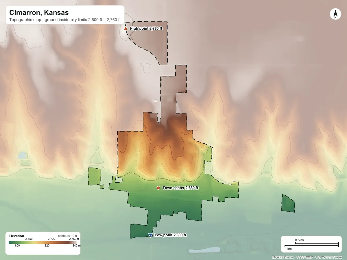 Topographic elevation map of Cimarron, Kansas, shaded from 2,600 ft on the south side to 2,760 ft on the north side