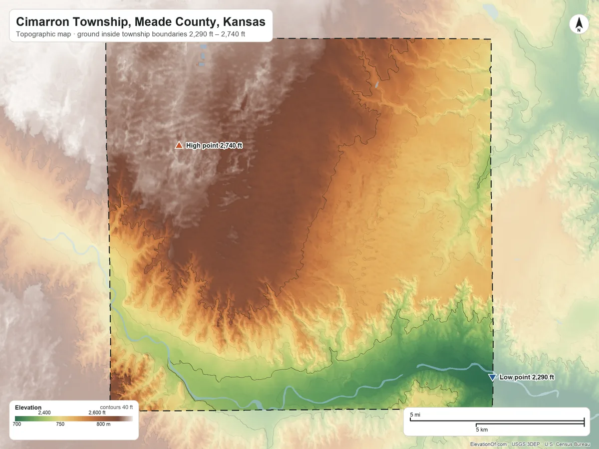 Topographic elevation map of Cimarron Township, Meade County, Kansas, shaded from 2,290 ft on the southeast side to 2,740 ft on Twin Hills