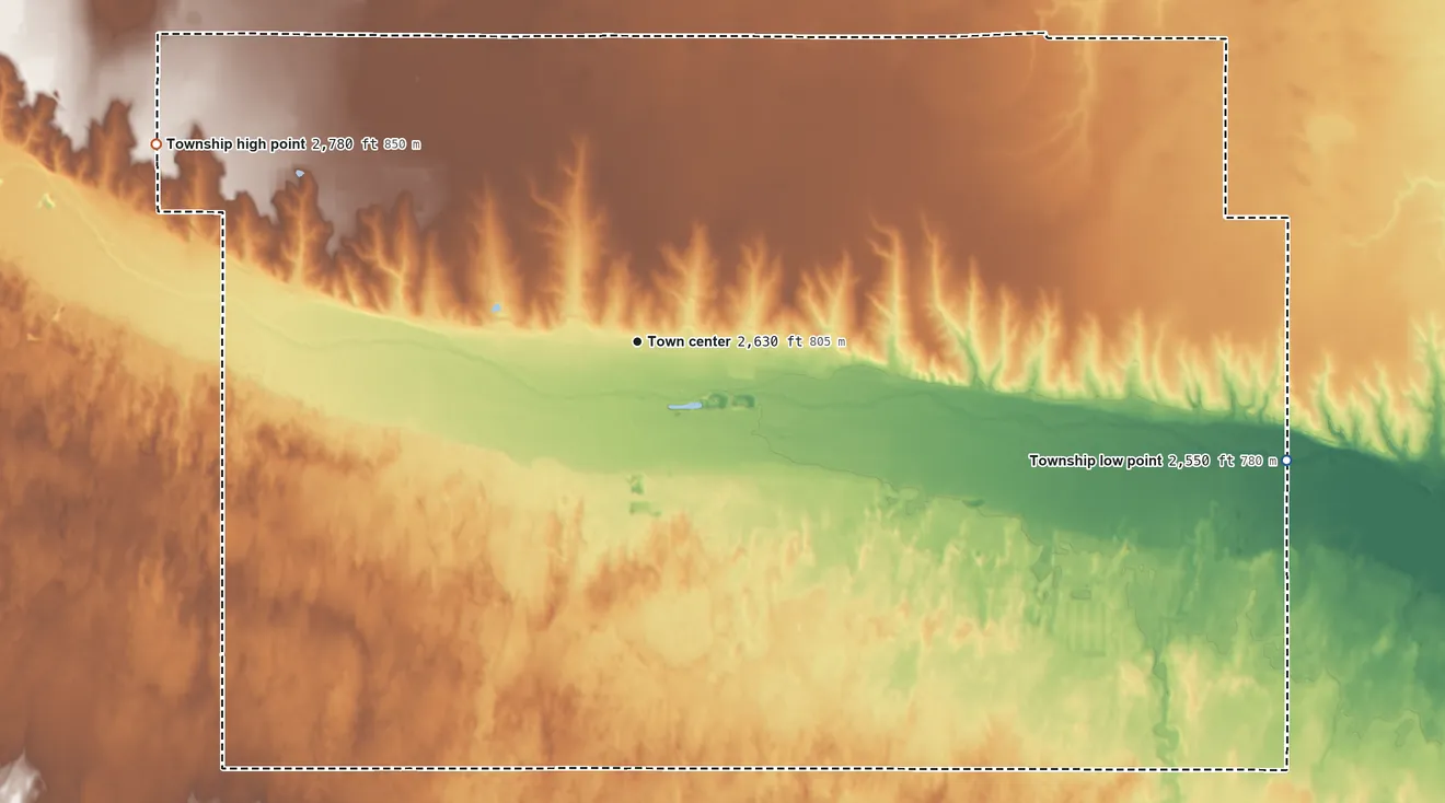 Topographic elevation map of Cimarron Township, Kansas, shaded from 2,550 ft on the east side to 2,780 ft on the west side