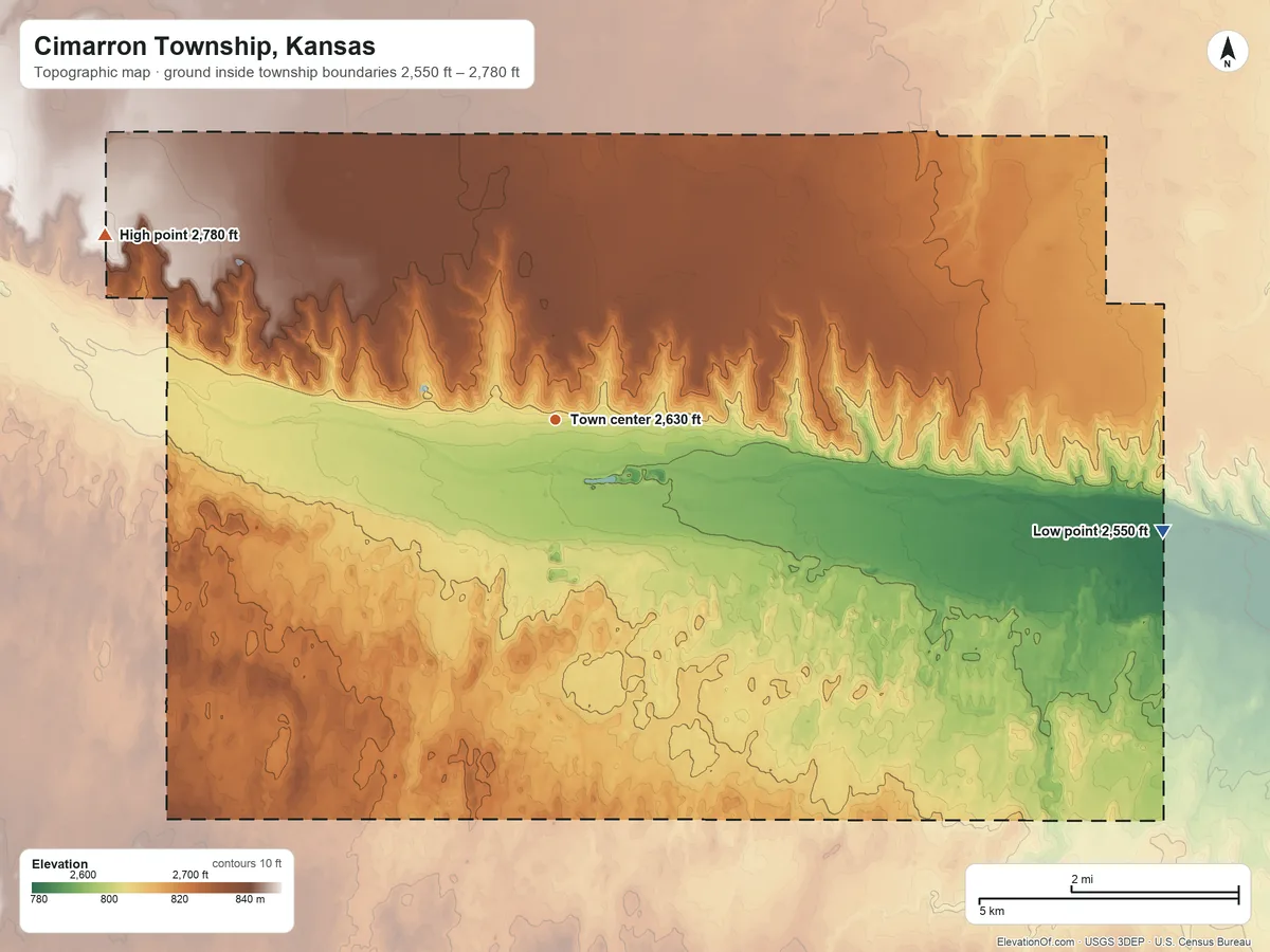 Topographic elevation map of Cimarron Township, Kansas, shaded from 2,550 ft on the east side to 2,780 ft on the west side