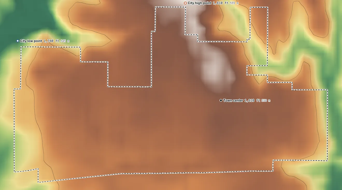 Topographic elevation map of Claflin, Kansas, shaded from 1,780 ft on the west side to 1,810 ft on the north side