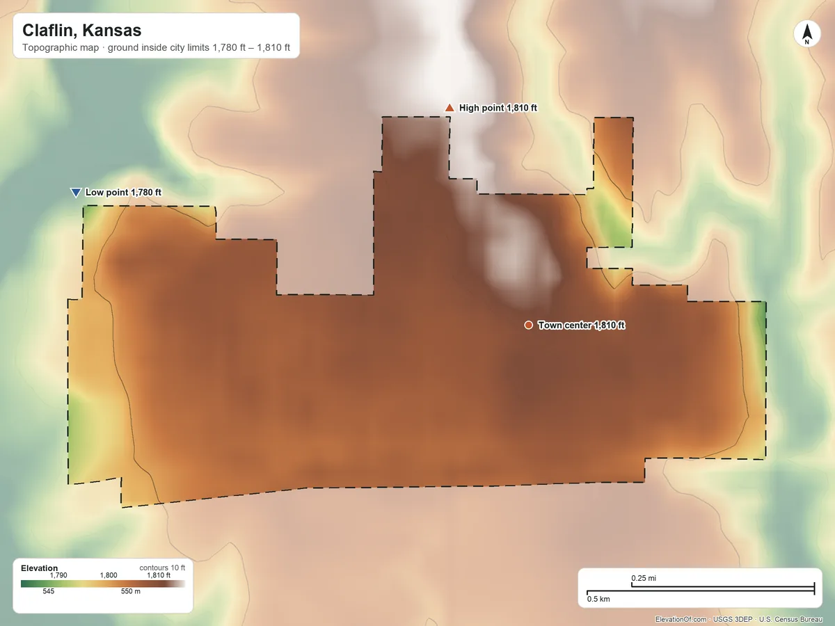 Topographic elevation map of Claflin, Kansas, shaded from 1,780 ft on the west side to 1,810 ft on the north side