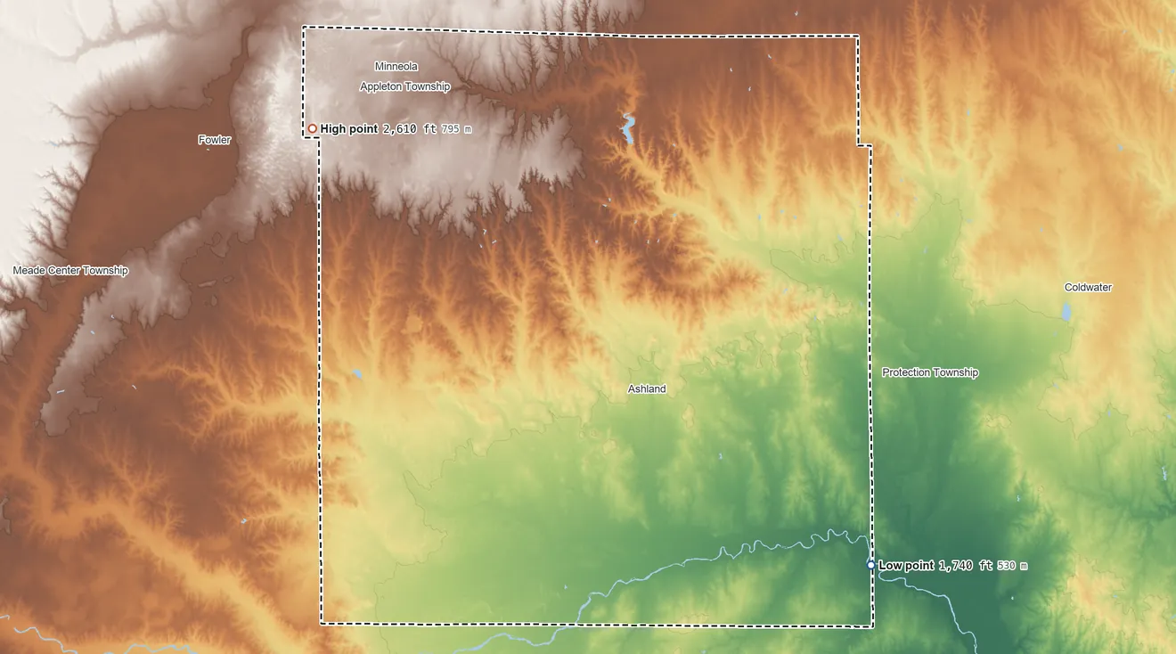 Topographic elevation map of Clark County, Kansas, shaded from 1,740 ft on the southeast side to 2,610 ft on the northwest side