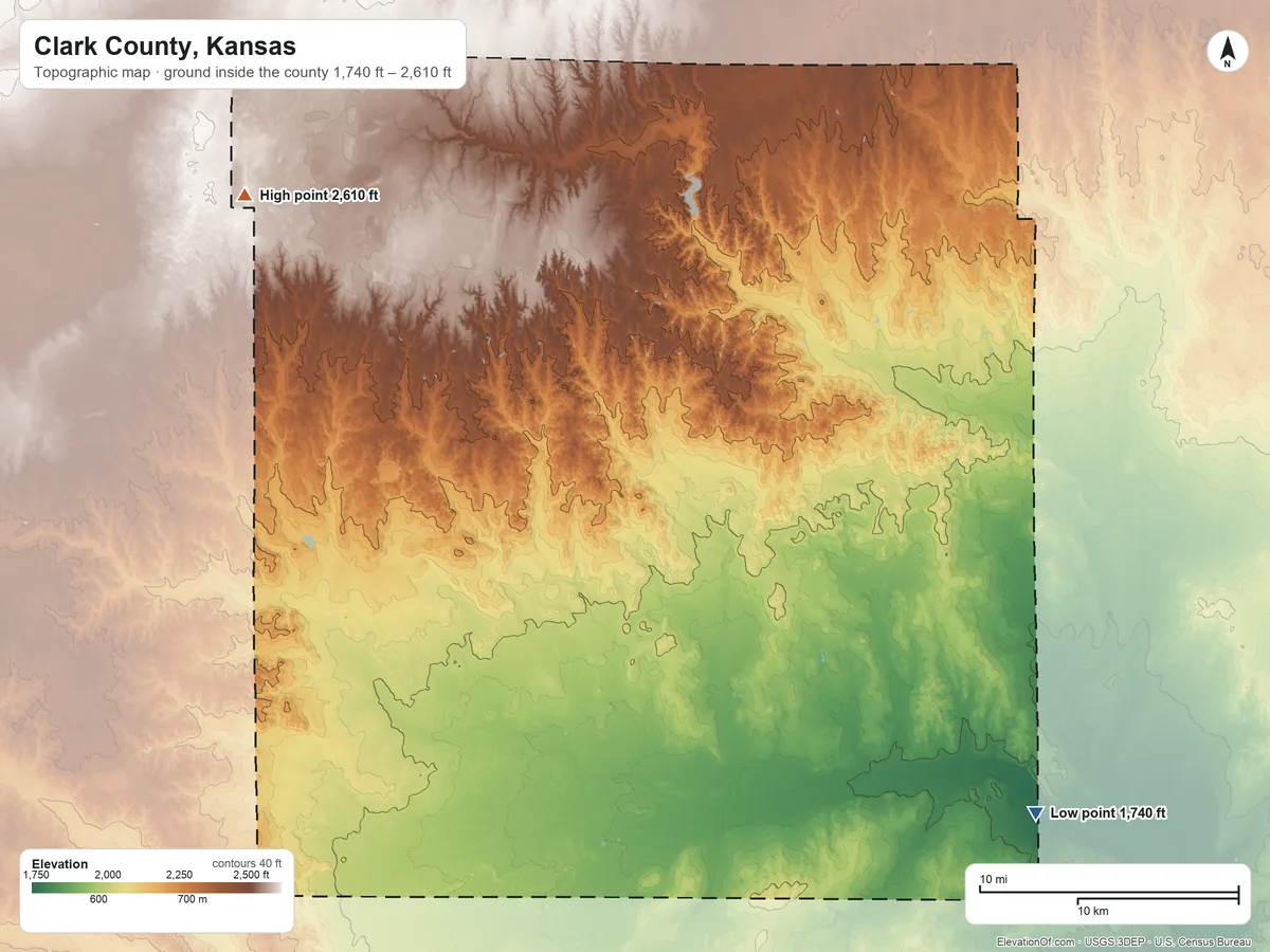 Topographic elevation map of Clark County, Kansas, shaded from 1,740 ft on the southeast side to 2,610 ft on the northwest side