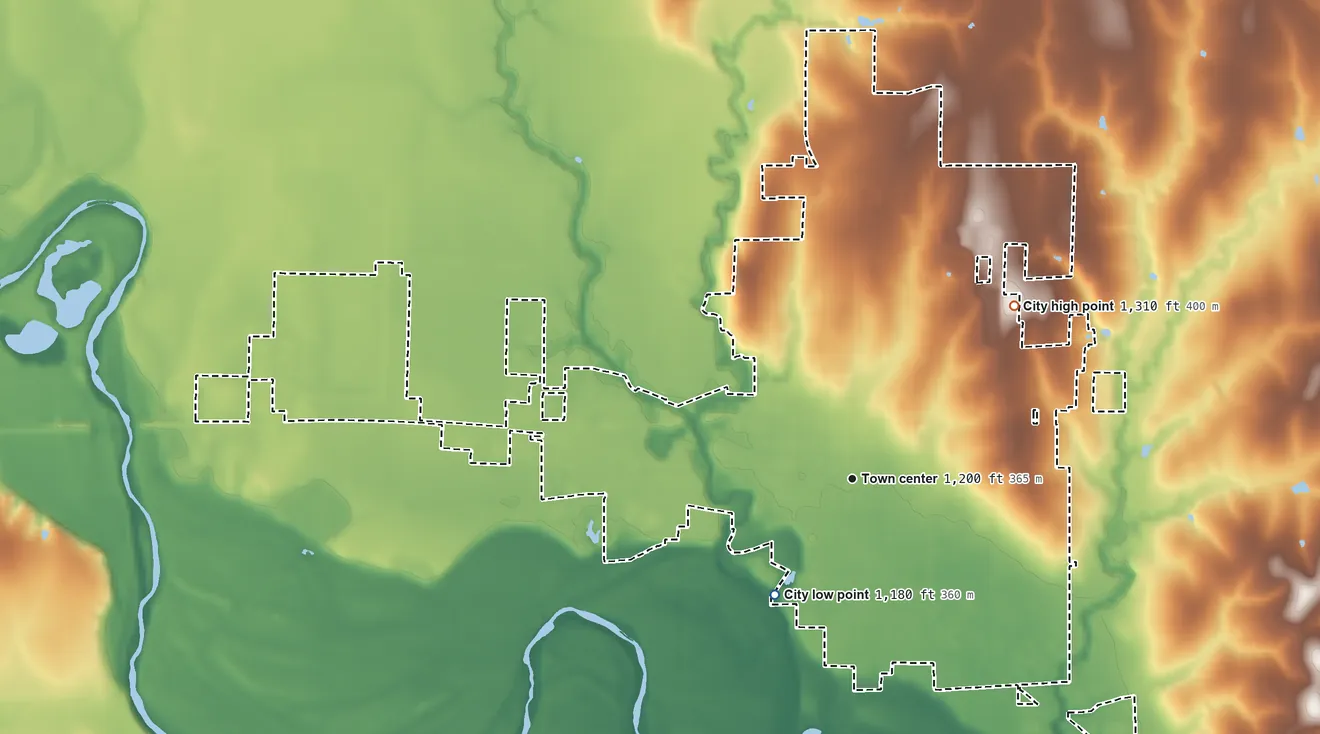 Topographic elevation map of Clay Center, Kansas, shaded from 1,180 ft on the southwest side to 1,310 ft on the northeast side