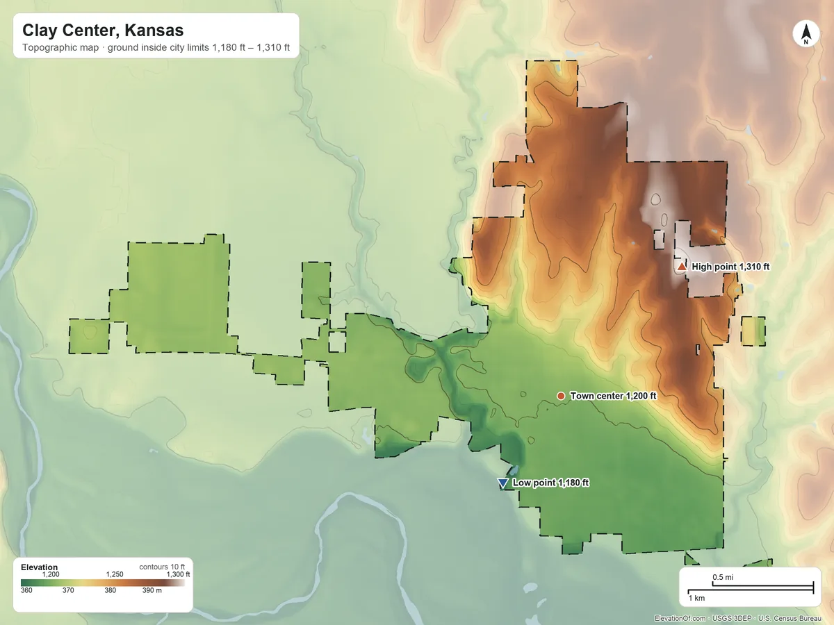 Topographic elevation map of Clay Center, Kansas, shaded from 1,180 ft on the southwest side to 1,310 ft on the northeast side
