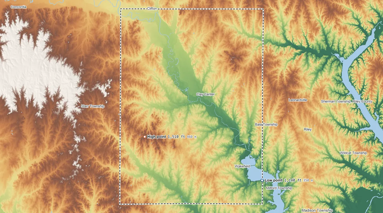 Topographic elevation map of Clay County, Kansas, shaded from 1,140 ft on the southeast side to 1,510 ft on the southwest side