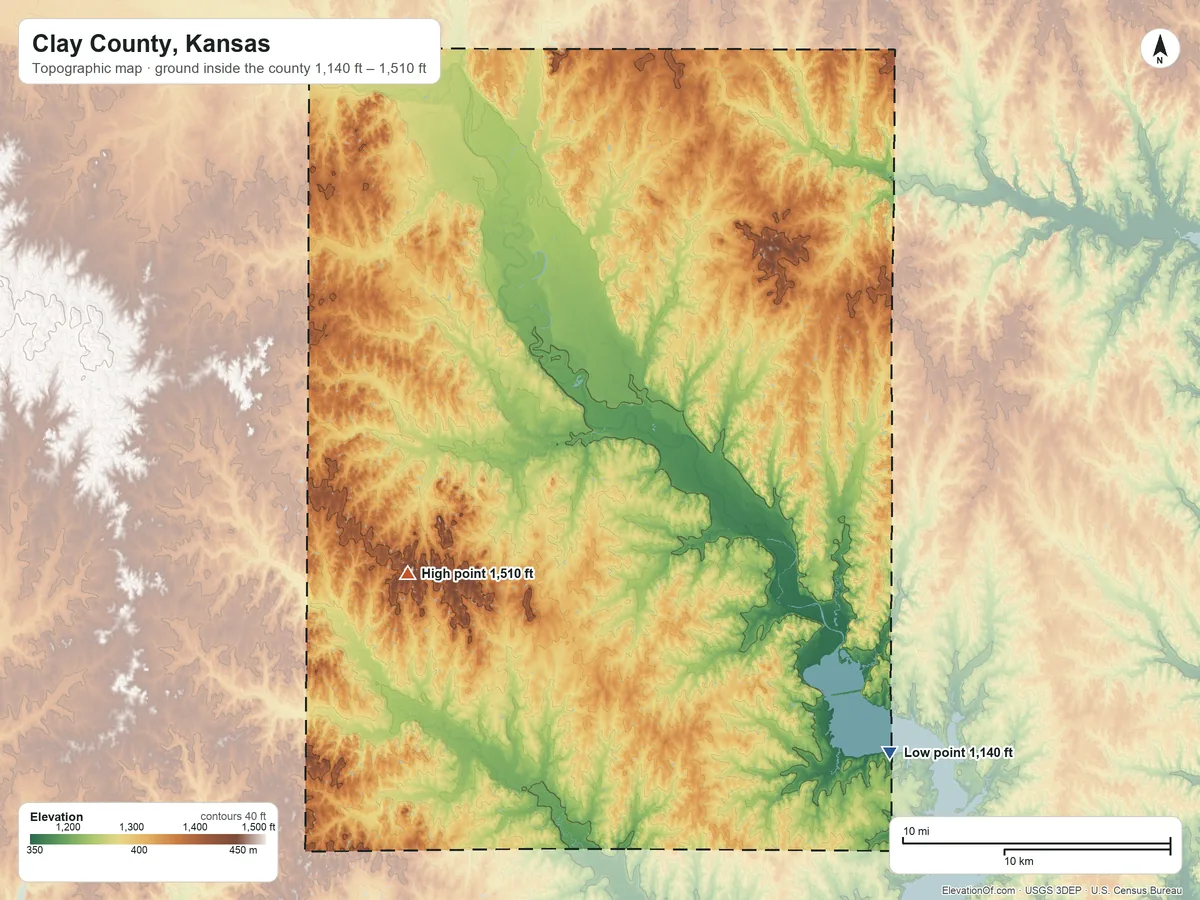 Topographic elevation map of Clay County, Kansas, shaded from 1,140 ft on the southeast side to 1,510 ft on the southwest side