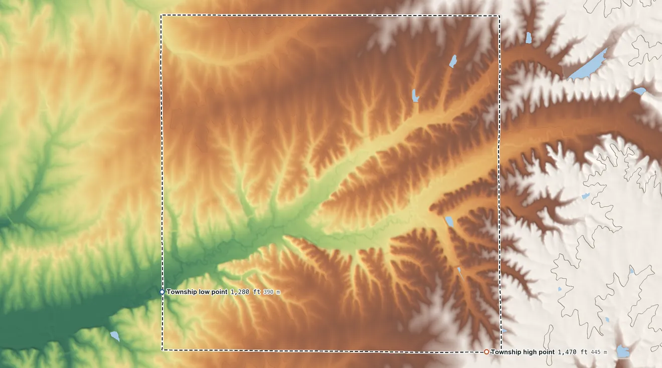 Topographic elevation map of Clay Township, Butler County, Kansas, shaded from 1,280 ft on the southwest side to 1,470 ft on the southeast side