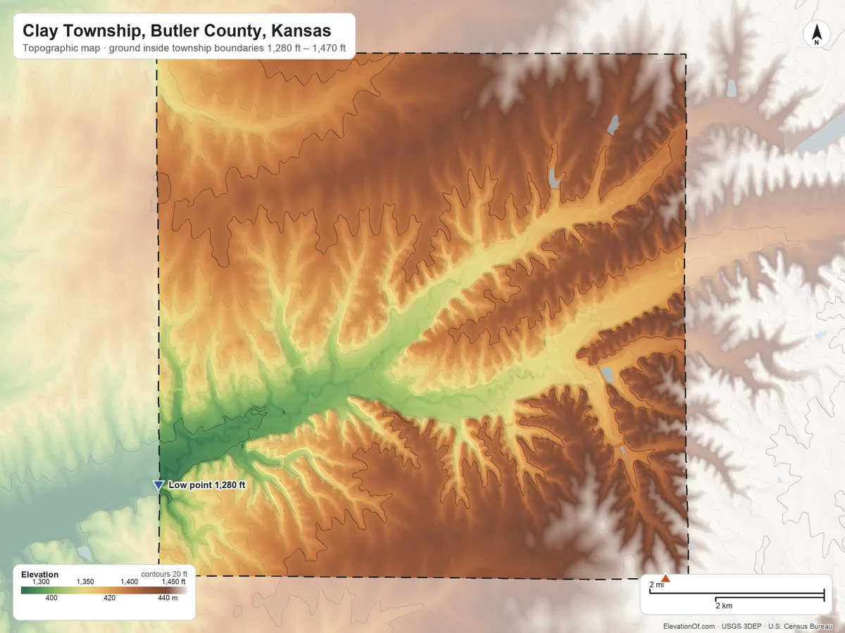 Topographic elevation map of Clay Township, Butler County, Kansas, shaded from 1,280 ft on the southwest side to 1,470 ft on the southeast side