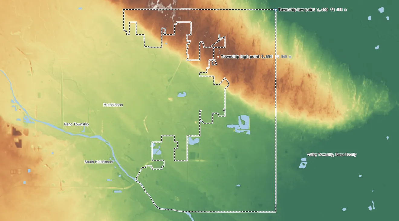 Topographic elevation map of Clay Township, Kansas, shaded from 1,490 ft on the northeast side to 1,650 ft near the middle
