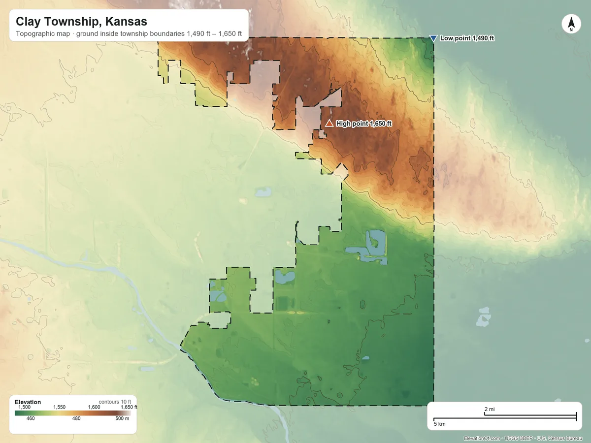 Topographic elevation map of Clay Township, Kansas, shaded from 1,490 ft on the northeast side to 1,650 ft near the middle