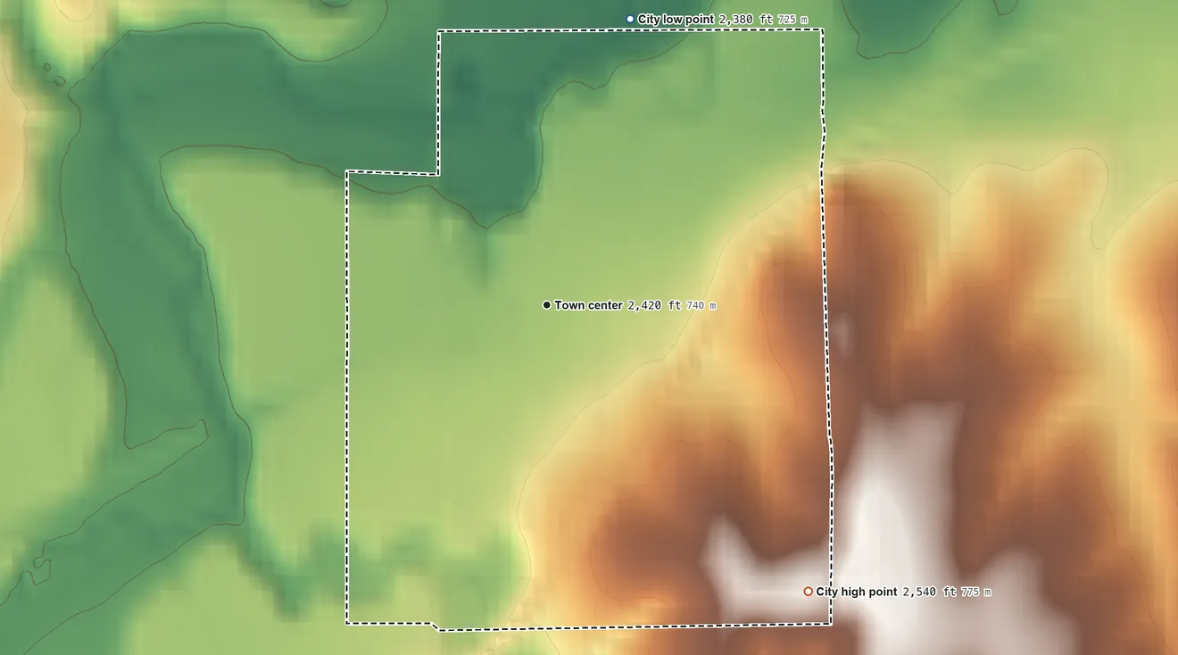 Topographic elevation map of Clayton, Kansas, shaded from 2,380 ft on the north side to 2,540 ft on the southeast side