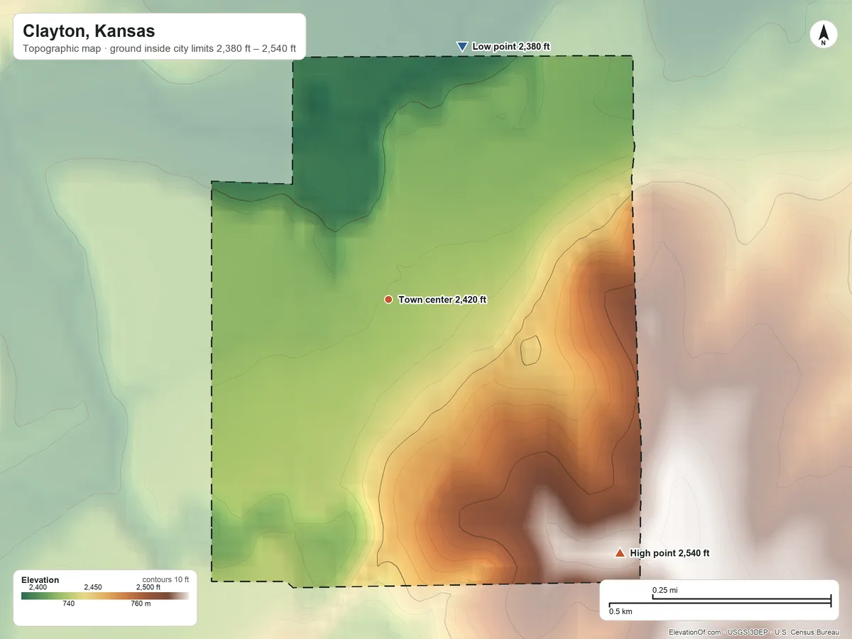 Topographic elevation map of Clayton, Kansas, shaded from 2,380 ft on the north side to 2,540 ft on the southeast side