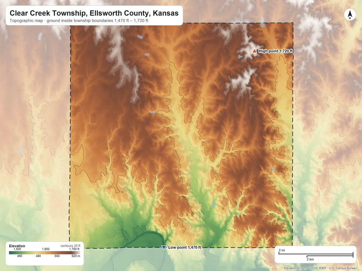 Topographic elevation map of Clear Creek Township, Ellsworth County, Kansas, shaded from 1,470 ft on the south side to 1,720 ft on the northeast side
