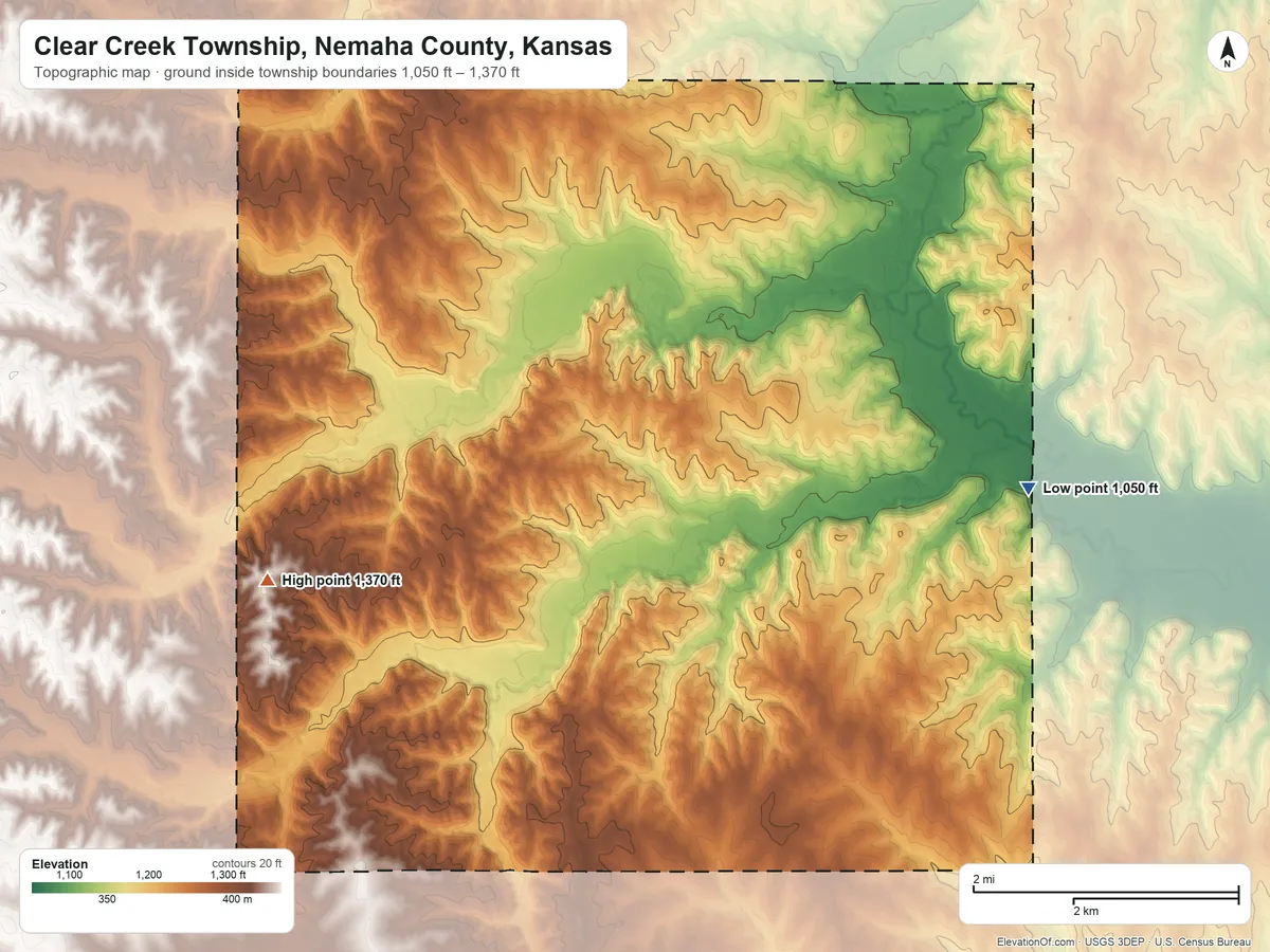 Topographic elevation map of Clear Creek Township, Nemaha County, Kansas, shaded from 1,050 ft on the east side to 1,370 ft on the west side