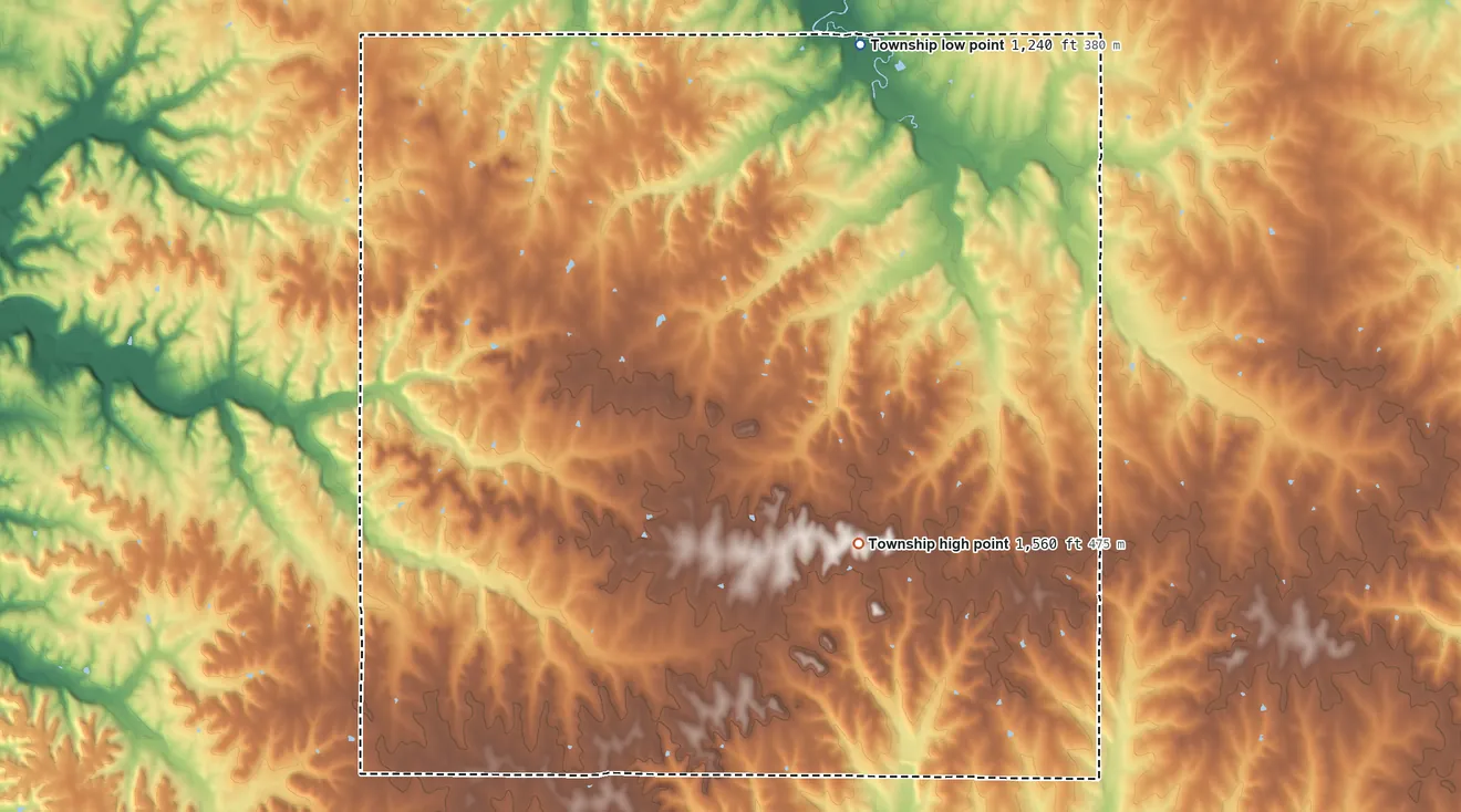 Topographic elevation map of Clear Creek Township, Pottawatomie County, Kansas, shaded from 1,240 ft on the north side to 1,560 ft near the middle