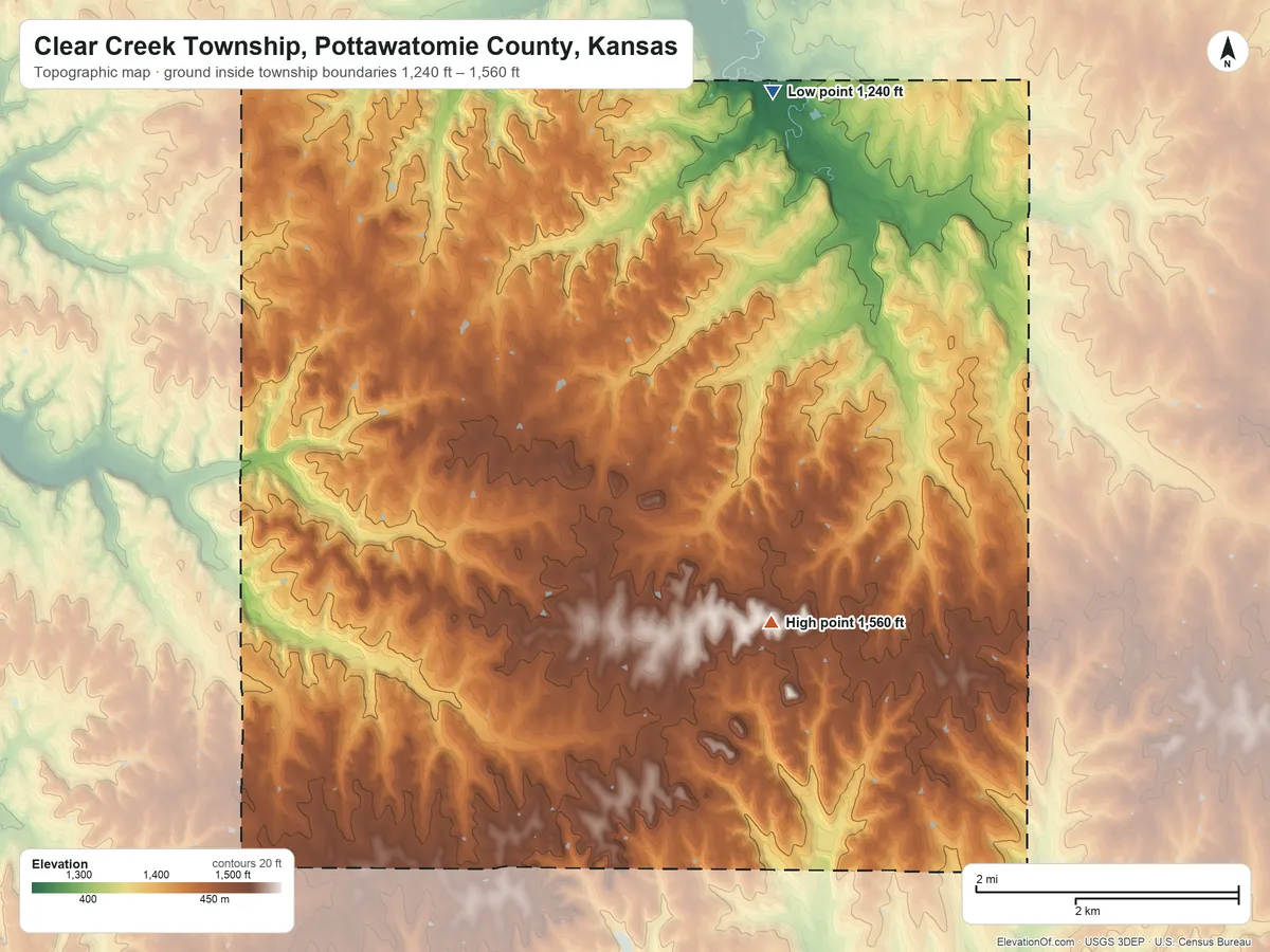Topographic elevation map of Clear Creek Township, Pottawatomie County, Kansas, shaded from 1,240 ft on the north side to 1,560 ft near the middle