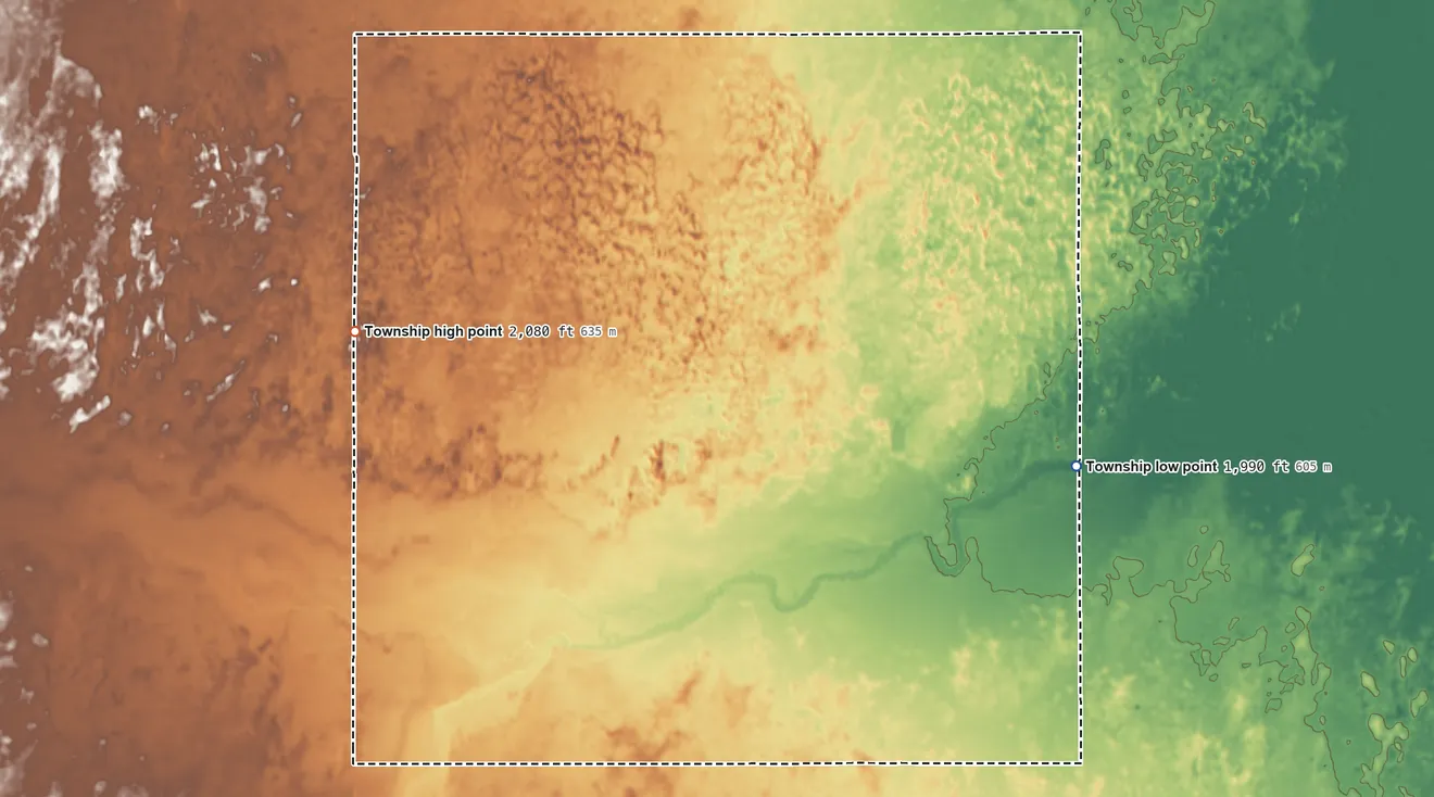 Topographic elevation map of Clear Creek Township, Stafford County, Kansas, shaded from 1,990 ft on the east side to 2,080 ft on the northwest side