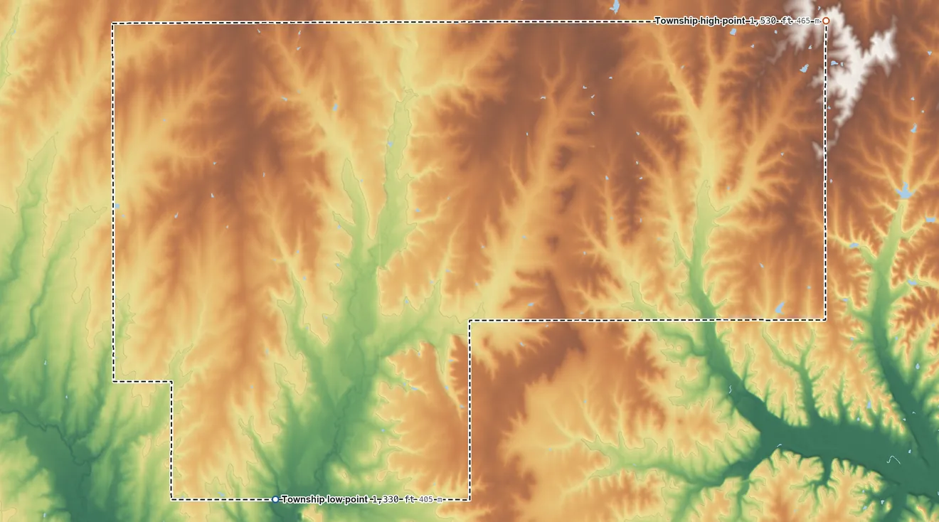 Topographic elevation map of Clear Creek Township, Kansas, shaded from 1,330 ft on the south side to 1,530 ft on the east side
