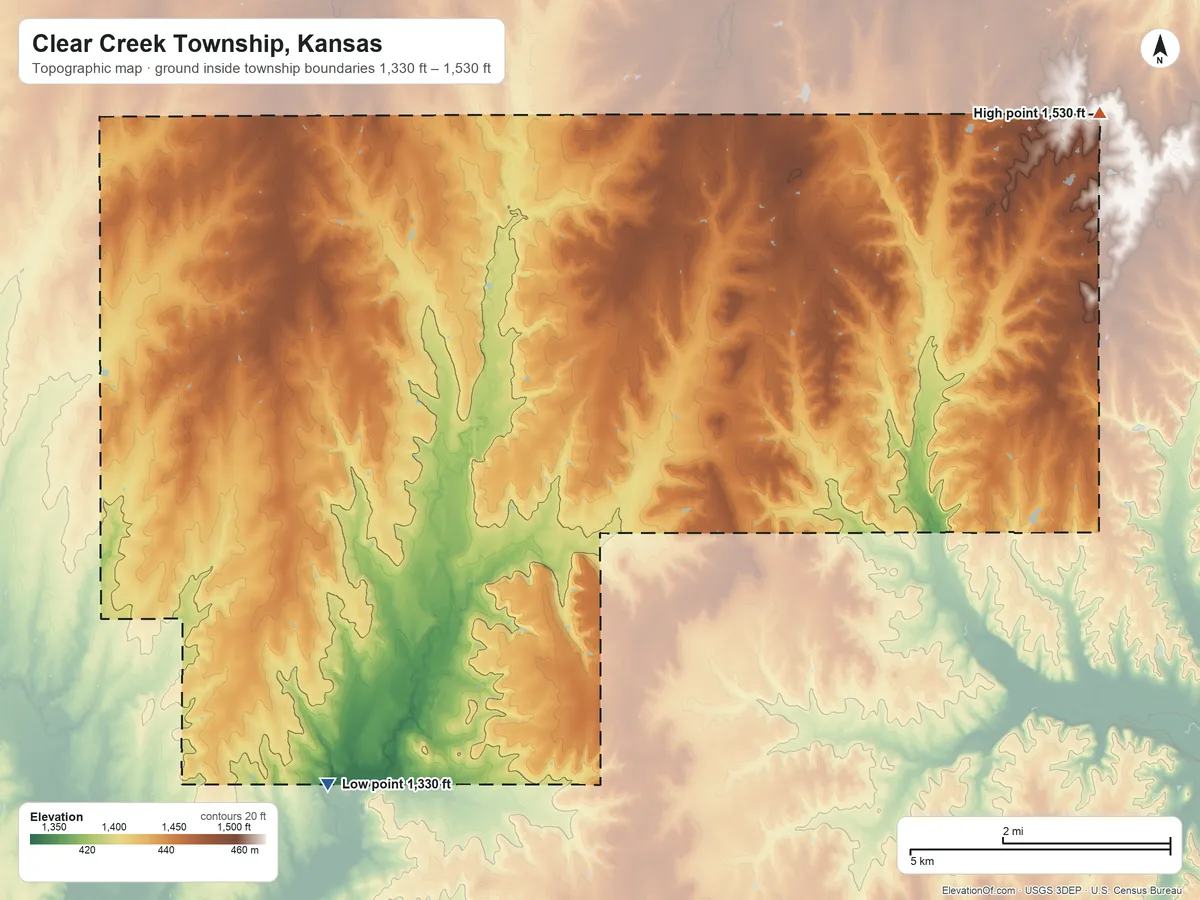 Topographic elevation map of Clear Creek Township, Kansas, shaded from 1,330 ft on the south side to 1,530 ft on the east side
