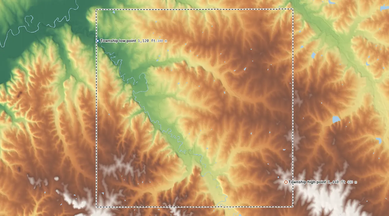 Topographic elevation map of Clear Fork Township, Kansas, shaded from 1,120 ft on the northwest side to 1,440 ft on the southeast side