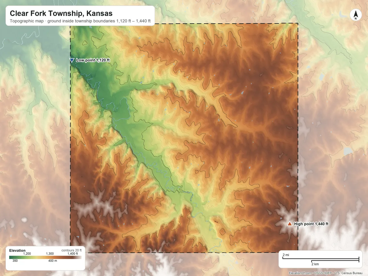 Topographic elevation map of Clear Fork Township, Kansas, shaded from 1,120 ft on the northwest side to 1,440 ft on the southeast side