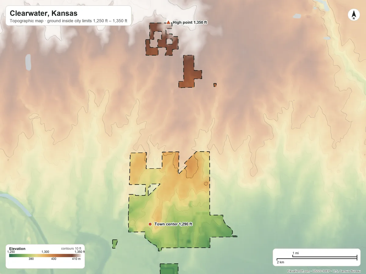 Topographic elevation map of Clearwater, Kansas, shaded from 1,250 ft on the southeast side to 1,350 ft on the north side