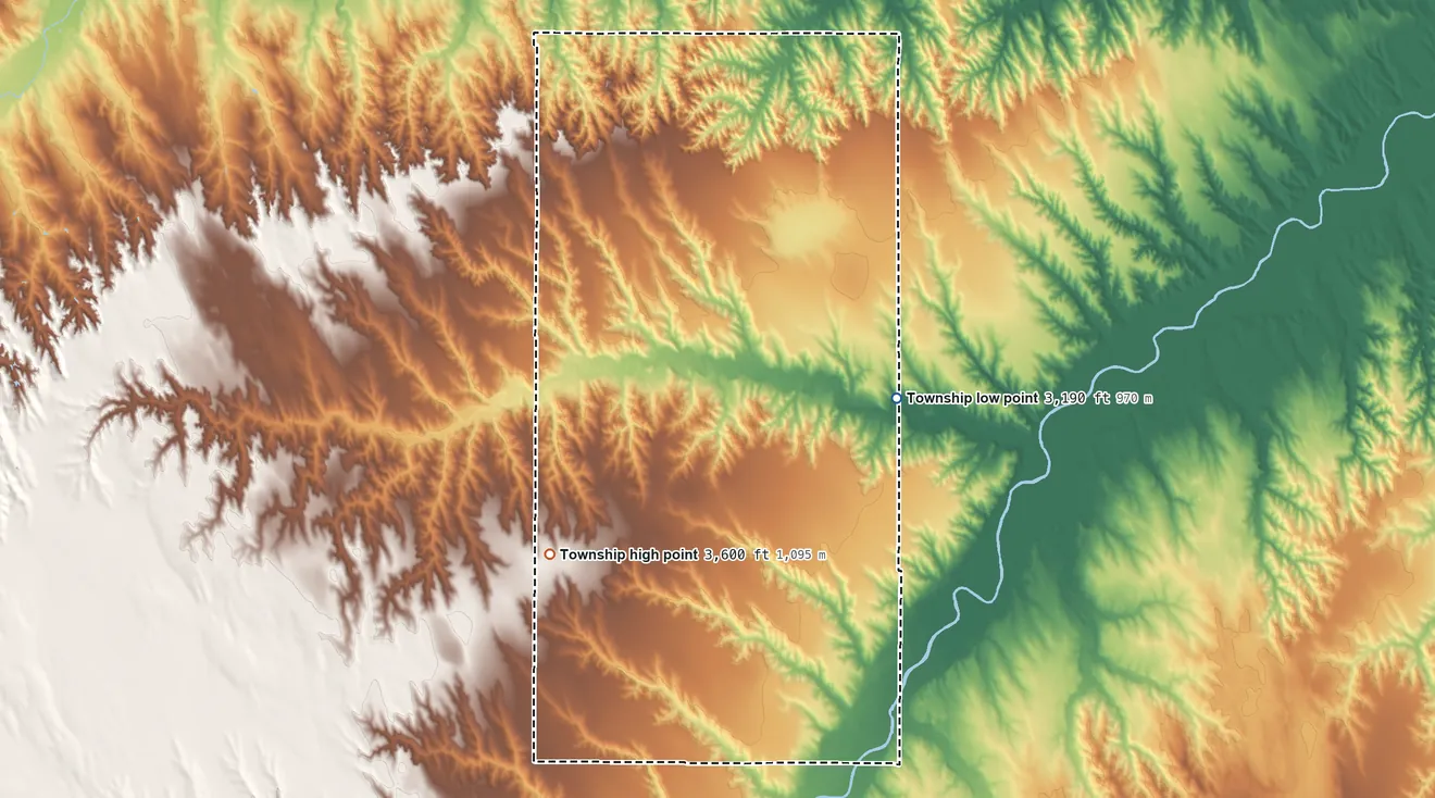 Topographic elevation map of Cleveland Run Township, Kansas, shaded from 3,190 ft on the northeast side to 3,600 ft on the west side