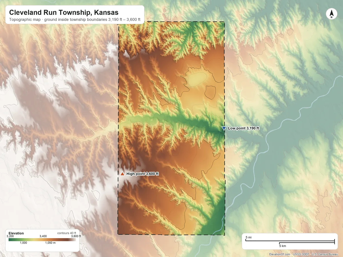 Topographic elevation map of Cleveland Run Township, Kansas, shaded from 3,190 ft on the northeast side to 3,600 ft on the west side