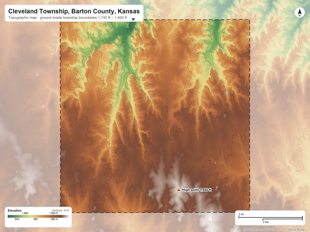 Topographic elevation map of Cleveland Township, Barton County, Kansas, shaded from 1,740 ft on the northwest side to 1,950 ft on the southwest side