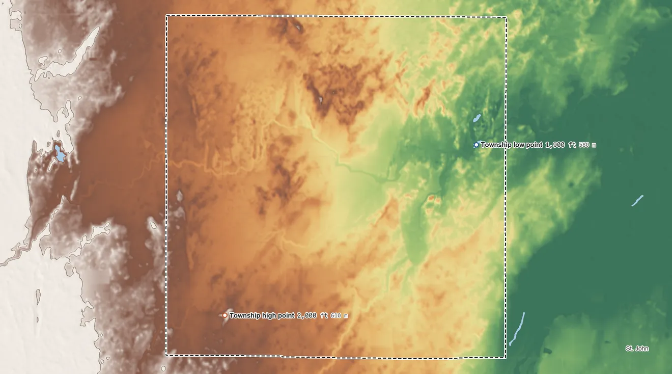 Topographic elevation map of Cleveland Township, Stafford County, Kansas, shaded from 1,900 ft on the northeast side to 2,000 ft on the southwest side