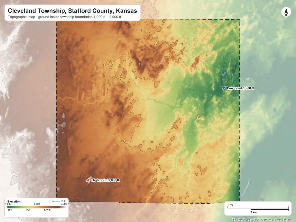 Topographic elevation map of Cleveland Township, Stafford County, Kansas, shaded from 1,900 ft on the northeast side to 2,000 ft on the southwest side