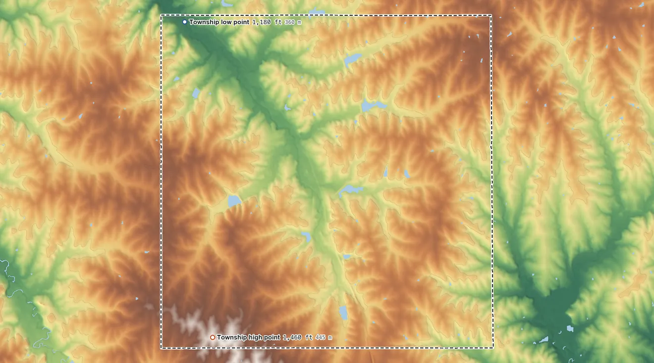 Topographic elevation map of Cleveland Township, Kansas, shaded from 1,180 ft on the northwest side to 1,460 ft on the southwest side