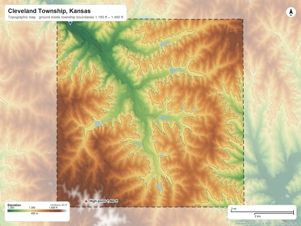 Topographic elevation map of Cleveland Township, Kansas, shaded from 1,180 ft on the northwest side to 1,460 ft on the southwest side