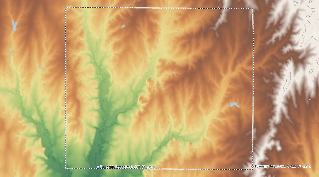 Topographic elevation map of Clifford Township, Kansas, shaded from 1,330 ft on the southwest side to 1,490 ft on the southeast side