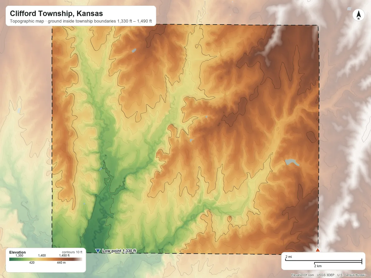 Topographic elevation map of Clifford Township, Kansas, shaded from 1,330 ft on the southwest side to 1,490 ft on the southeast side