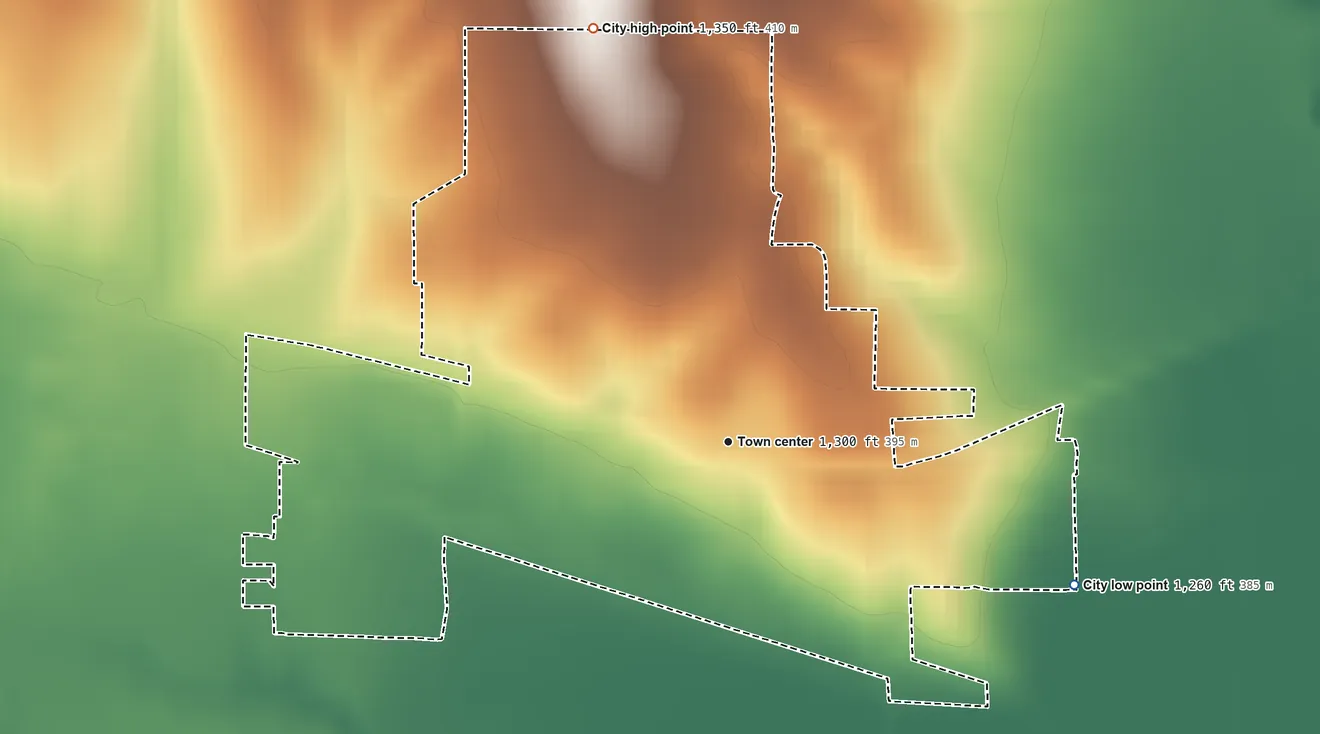 Topographic elevation map of Clifton, Kansas, shaded from 1,260 ft on the east side to 1,350 ft on the north side