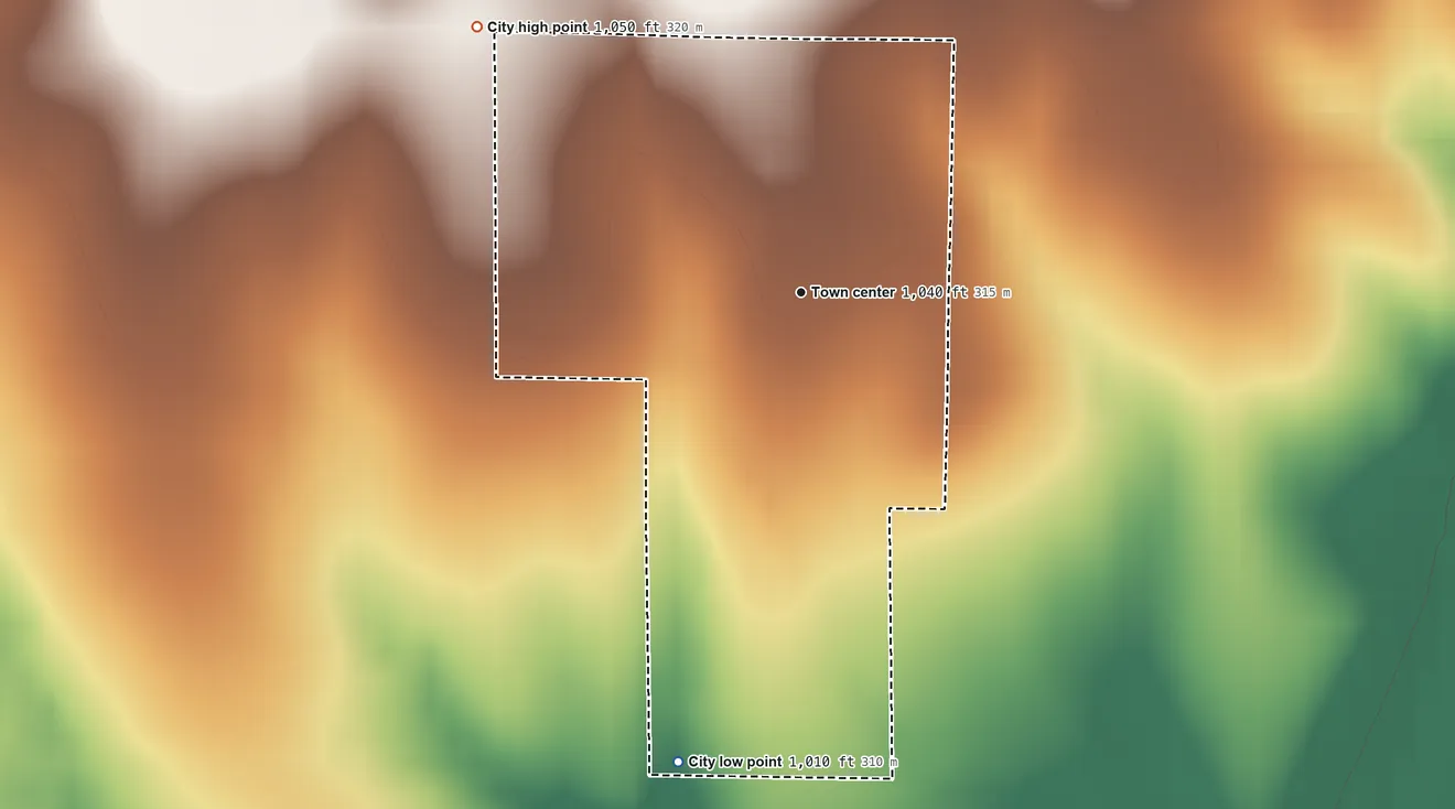 Topographic elevation map of Climax, Kansas, shaded from 1,010 ft on the south side to 1,050 ft on the northwest side
