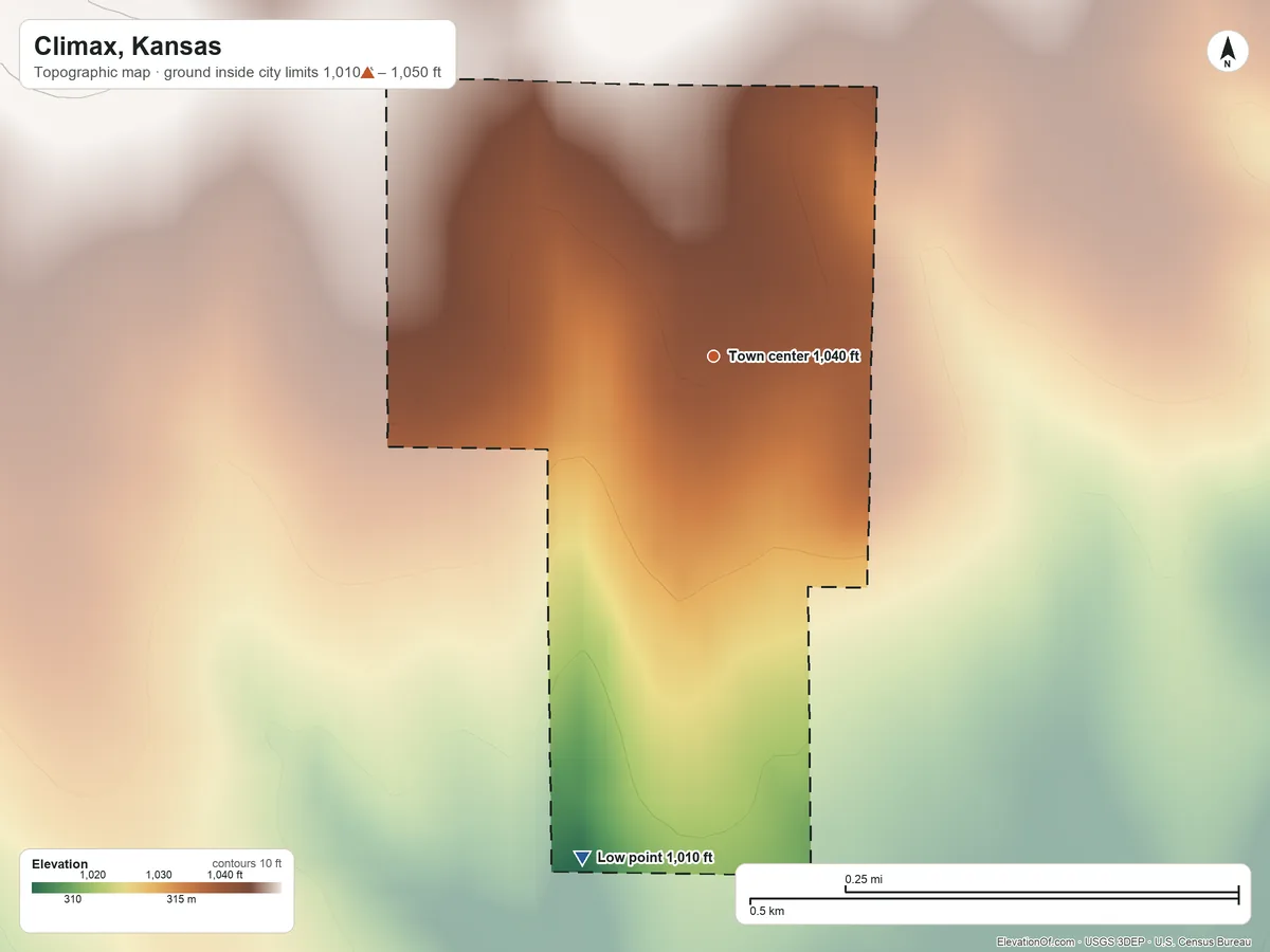 Topographic elevation map of Climax, Kansas, shaded from 1,010 ft on the south side to 1,050 ft on the northwest side