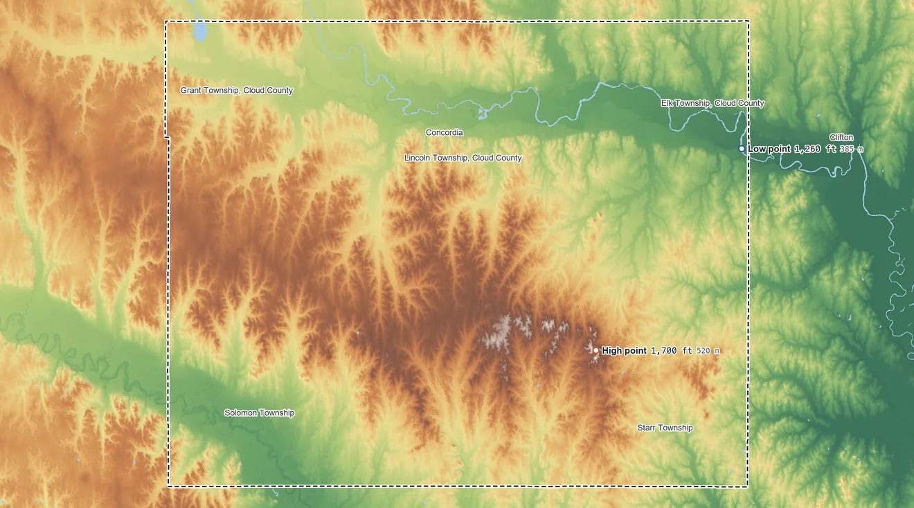 Topographic elevation map of Cloud County, Kansas, shaded from 1,260 ft on the east side to 1,700 ft on the southeast side