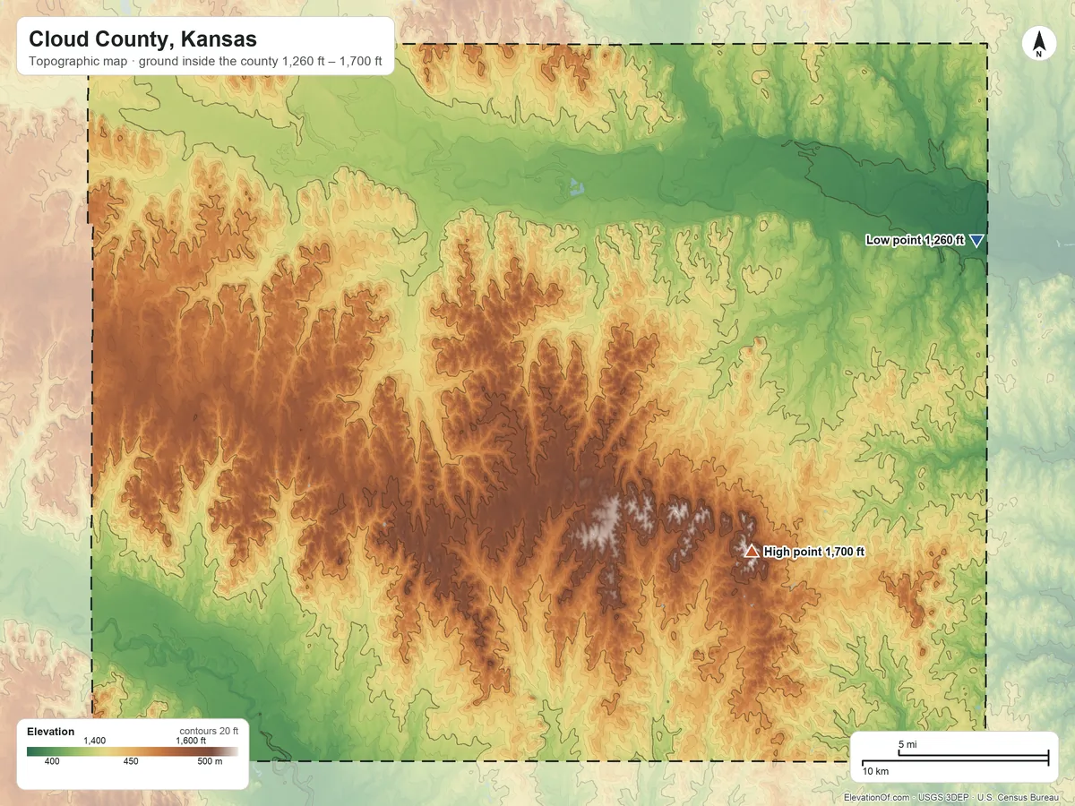 Topographic elevation map of Cloud County, Kansas, shaded from 1,260 ft on the east side to 1,700 ft on the southeast side