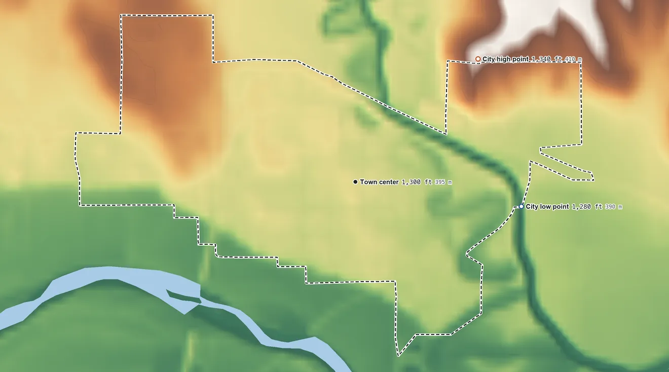 Topographic elevation map of Clyde, Kansas, shaded from 1,280 ft on the east side to 1,340 ft on the northeast side